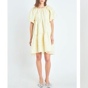 New English Factory Yellow Floral Jacquard Tiered Midi Dress‎ Large